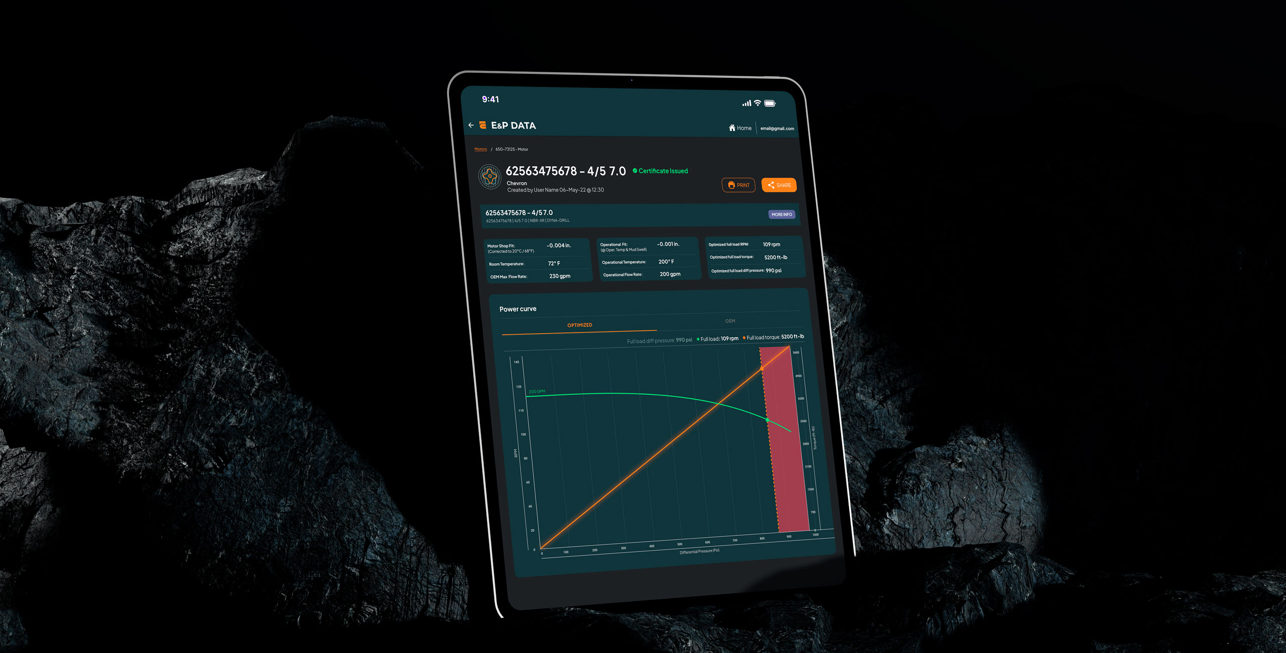 Tablet screen showing a dashboard for AI-enhanced oil drilling motor inspection with detailed metrics and a power curve chart.