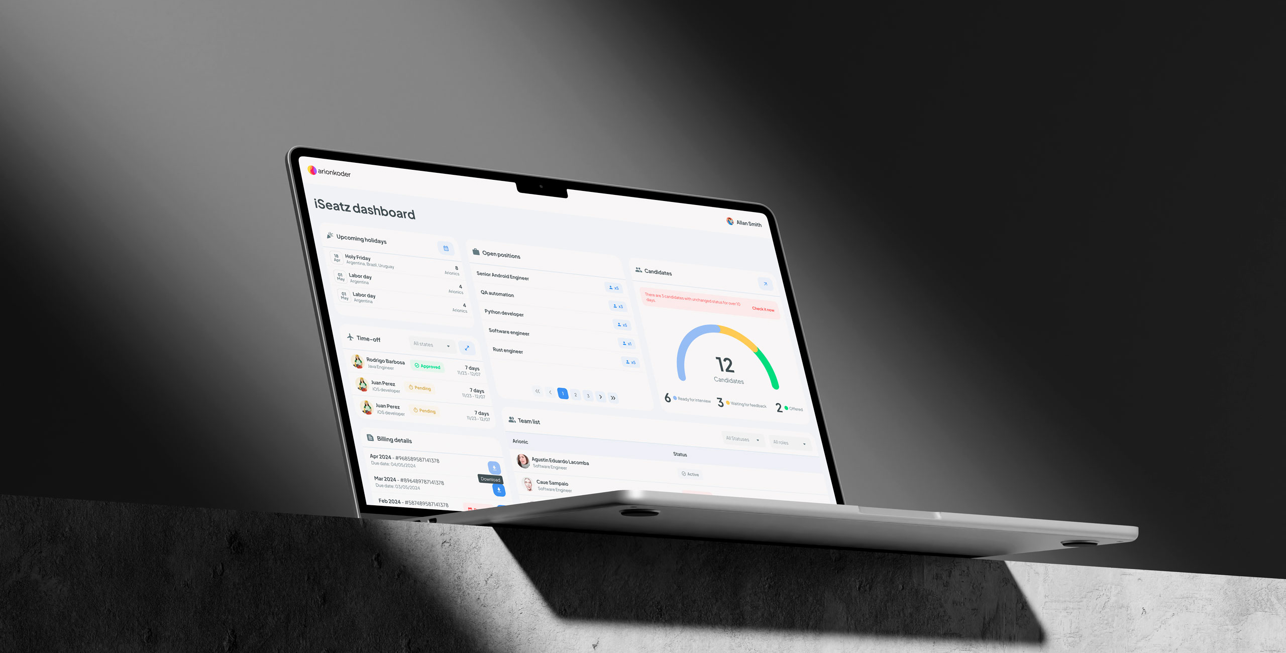 Laptop screen displaying a client portal dashboard with candidate statuses, upcoming holidays, and billing details.