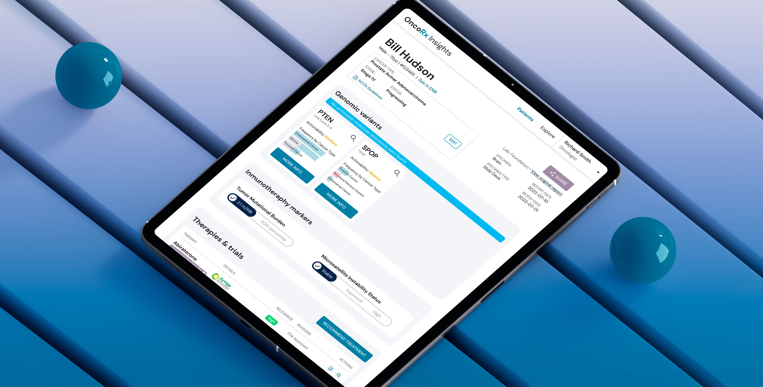 Tablet screen showcasing a personalized oncology care dashboard with genomic markers and therapy options.