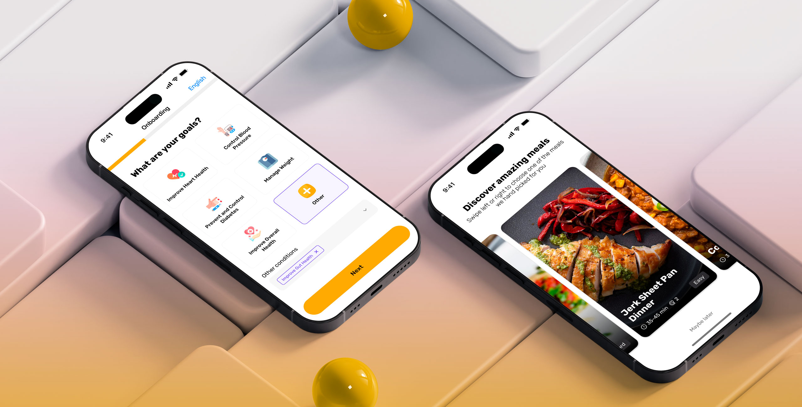 Two smartphone screens showing a nutrition app interface with options for health goals and a meal selection.